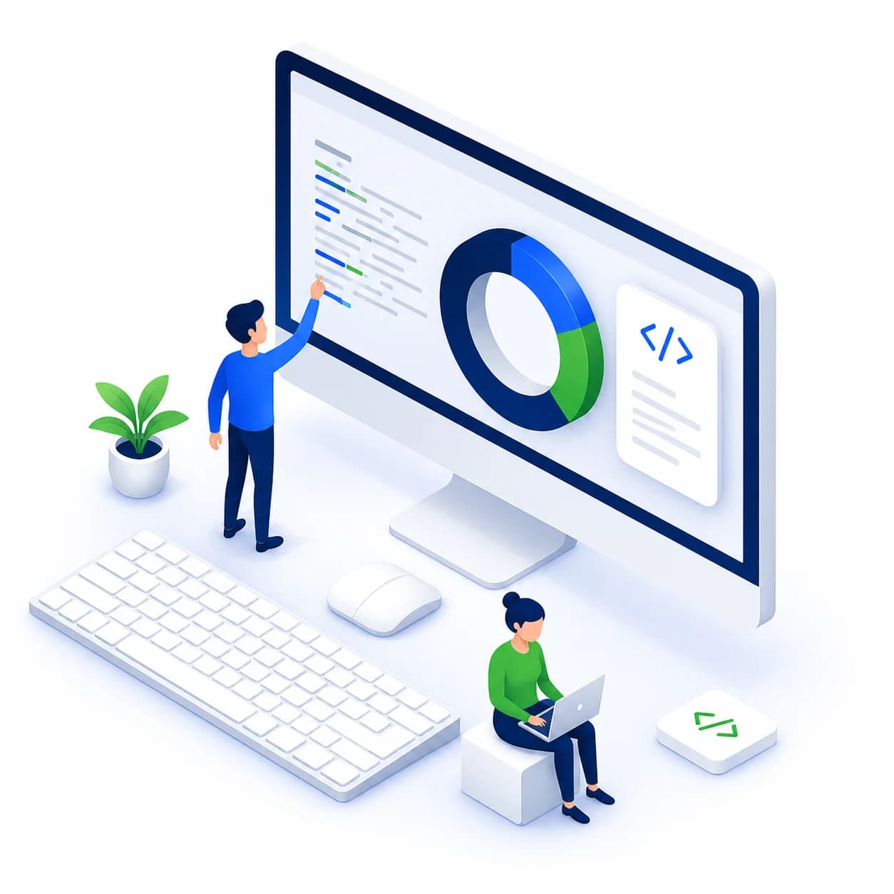 Team developing software on a computer with code and analytics