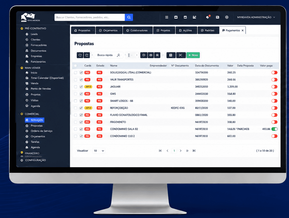 MyHeaven Serviços exibido em um computador