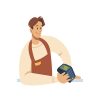 Nfc payment, contactless pay by smartphone, seller with pos reader flat cartoon vector illustration isolated. Mobile purchases in supermarket store, cashier vender at shop, point on sale terminal